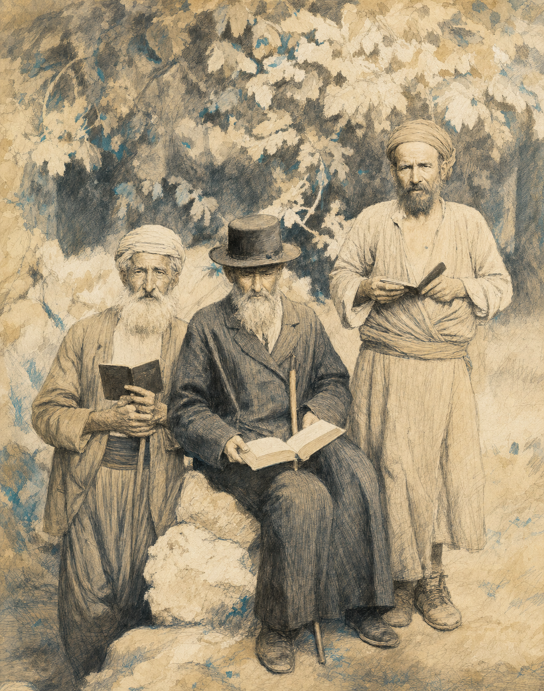 Editorial illustration of three historical Jewish scholars outdoors with books