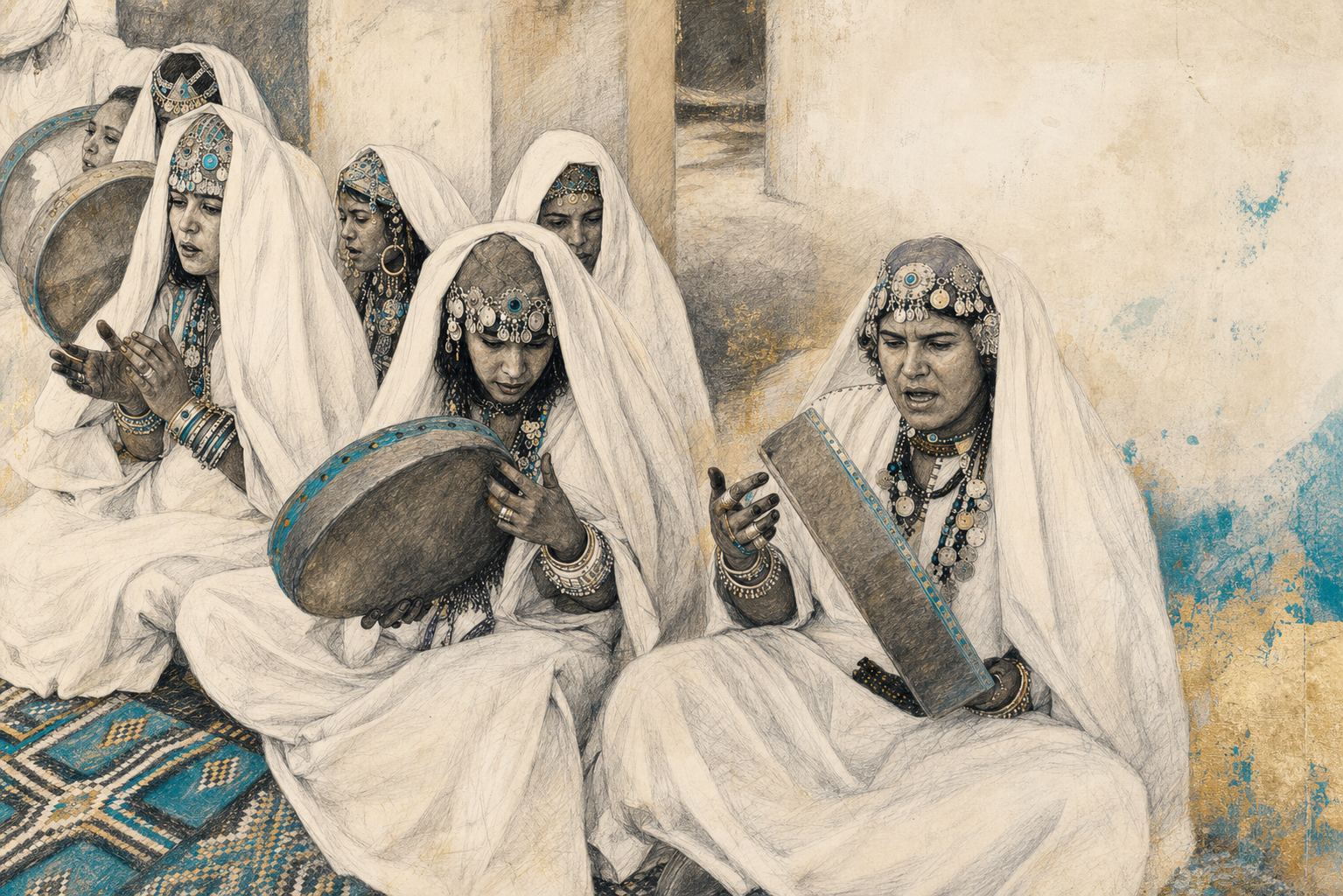 Editorial illustration of Jewish women gathering in song and playing frame drums