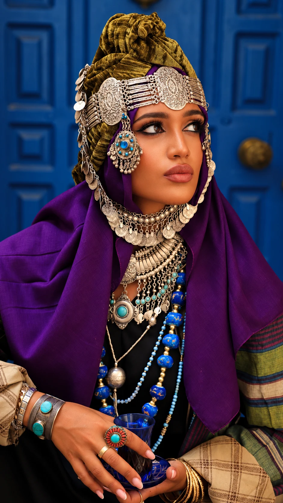Yzabela wearing purple drapery, an ornate silver headpiece and blue beads, seated against a blue door