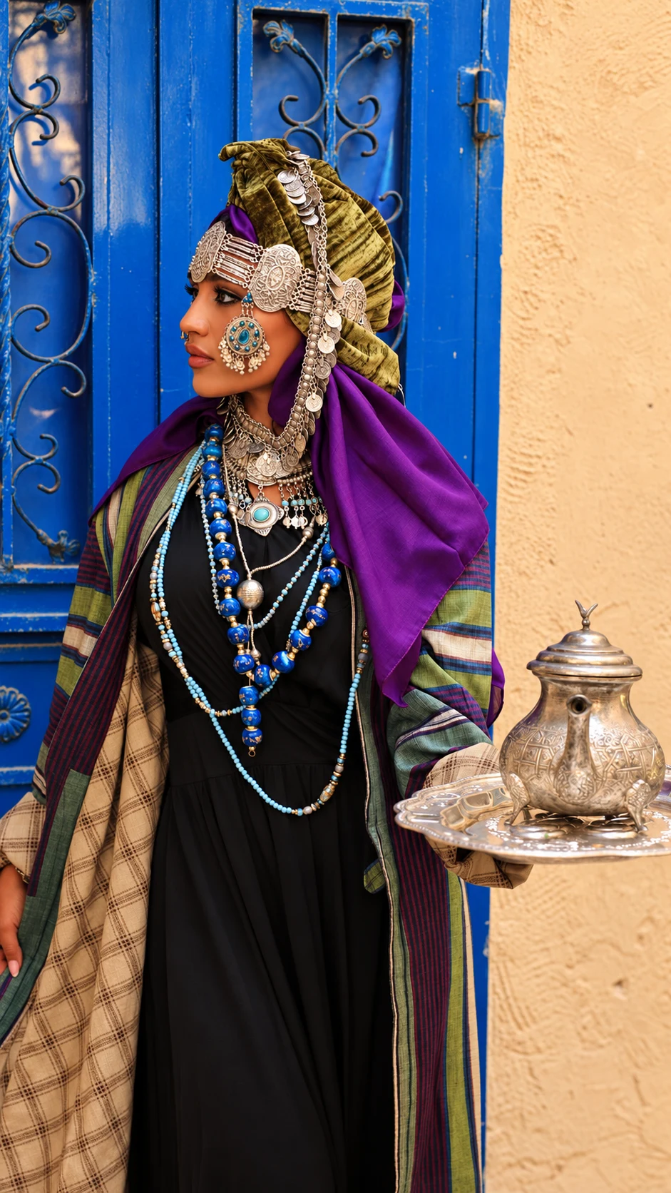 Yzabela in purple and striped fabrics holding a metal tray and teapot beside a blue door