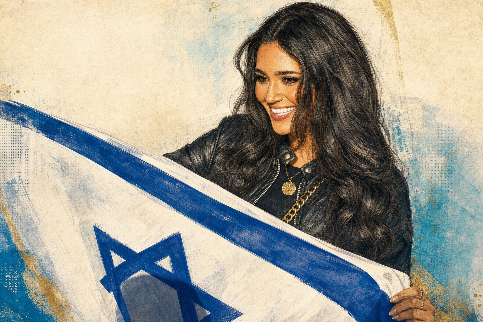 Editorial portrait of a smiling Jewish woman holding an Israeli flag