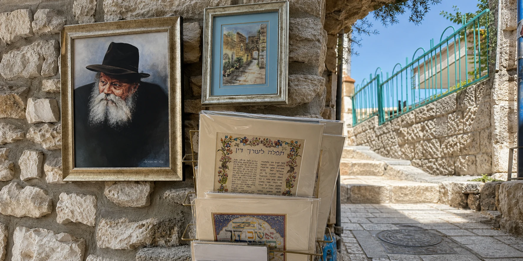 Framed Jewish art and Judaica prints displayed along a stone passage in Safed