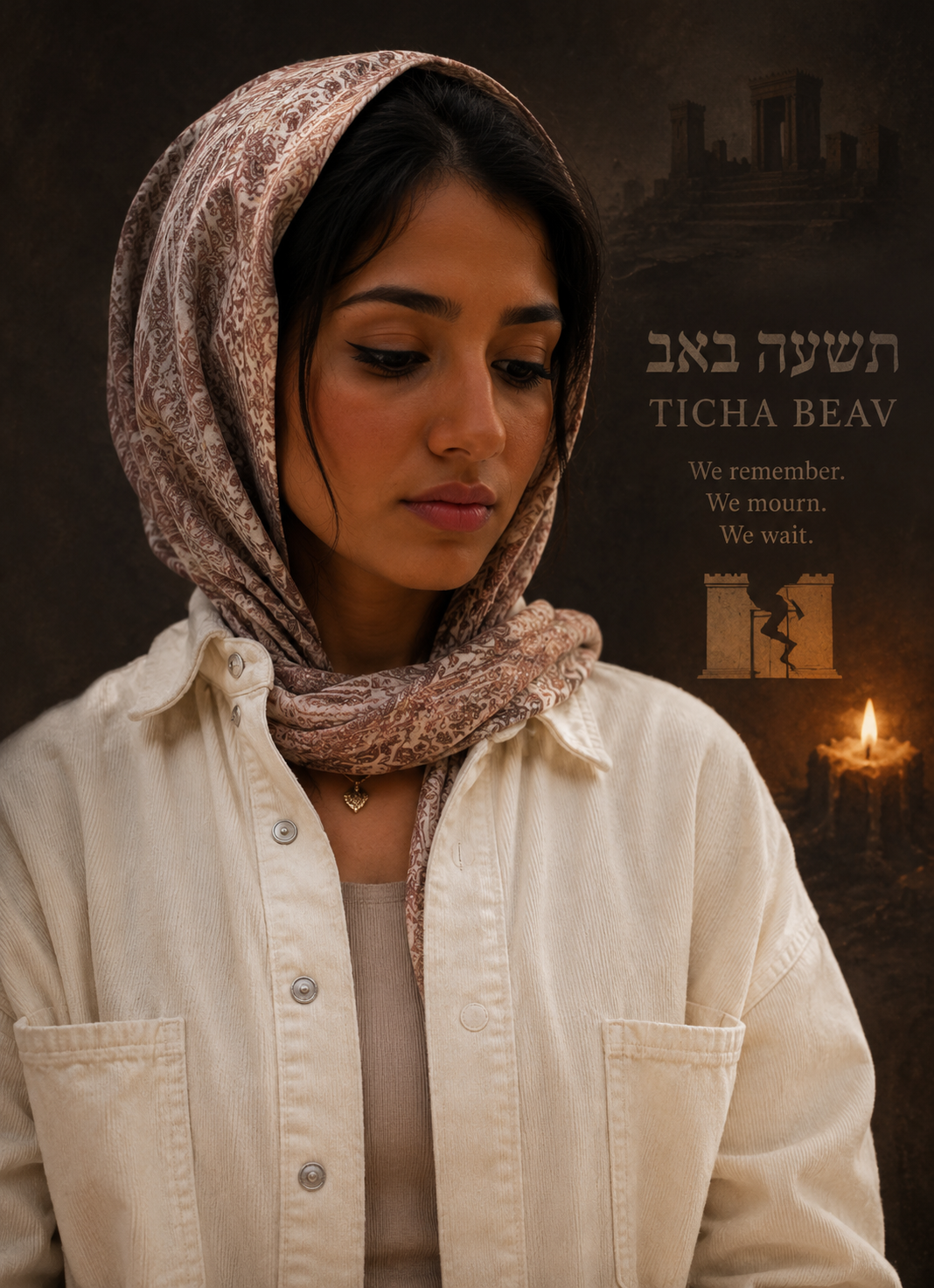 A Jewish woman in quiet reflection beside Hebrew and English words for Tisha B’Av, ancient ruins and a burning candle