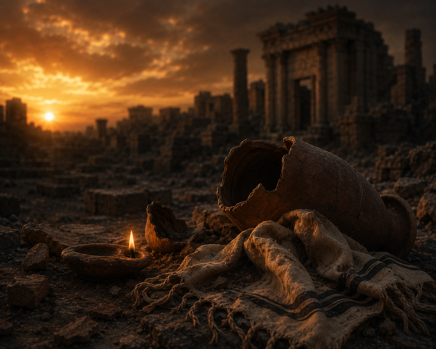 A small flame, a broken clay vessel and a prayer shawl among ancient ruins at sunset