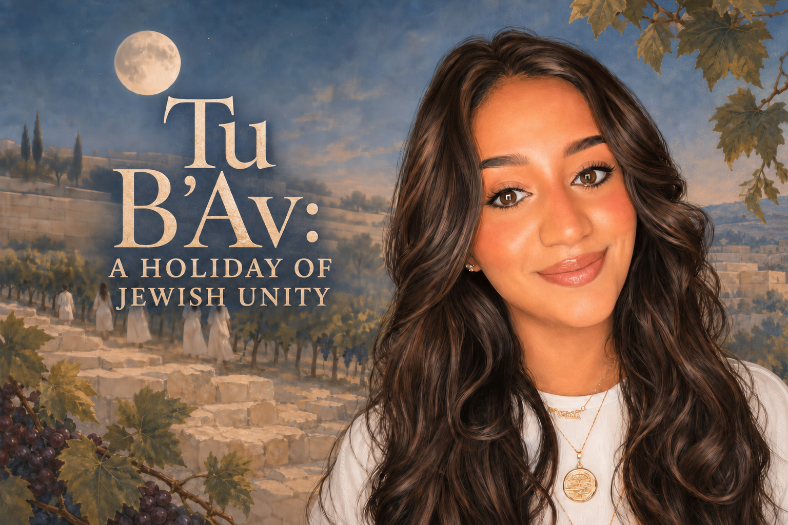 A Jewish woman wearing layered gold necklaces in a Jerusalem vineyard at golden hour beneath the full moon