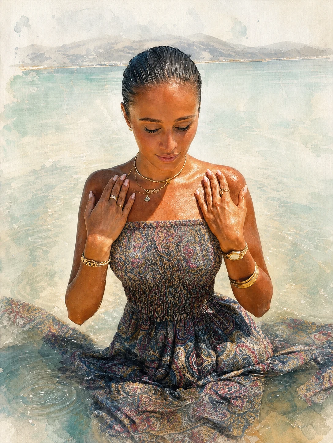 Watercolor portrait of Yzabella standing contemplatively in the mineral waters of the Dead Sea
